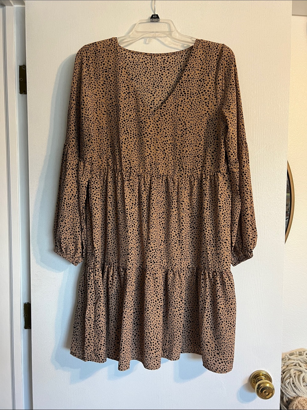 Tiered Long Sleeve Brown Animal Print Dress